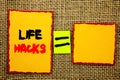 Text showing Life Hacks. Business photo showcasing Solution Hacking Hack Trick To Help Efficiency written on Sticky note Paper Equ