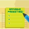 Text sign showing Affiance Marketing. Conceptual photo joining two or more companies in same field mutual goal.