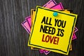 Text sign showing All You Need Is Love Motivational. Conceptual photo Deep affection needs appreciation romance Wooden background