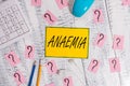 Text sign showing Anaemia. Conceptual photo a condition marked by a deficiency of hemoglobin in the blood Writing tools