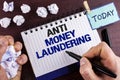 Text sign showing Anti Monay Laundring. Conceptual photo entering projects to get away dirty money and clean it written by Man on