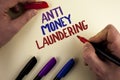 Text sign showing Anti Monay Laundring. Conceptual photo entering projects to get away dirty money and clean it written by Man on