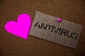 Text sign showing Antivirus. Conceptual photo Safekeeping Barrier Firewall Security Defense Protection Surety Old damaged paperboa