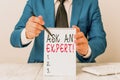 Text sign showing Ask An Expert. Conceptual photo confirmation that have read understand and agree with guidelines Man Royalty Free Stock Photo