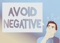 Text sign showing Avoid Negative. Conceptual photo Staying away from pessimistic showing Suspicious Depression Man Expressing