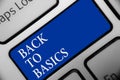 Text sign showing Back To Basics. Conceptual photo Return simple things Fundamental Essential Primary basis Keyboard blue key Inte