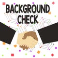 Text sign showing Background Check. Conceptual photo way to discover issues that could affect your business Hand Shake Royalty Free Stock Photo