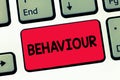 Text sign showing Behaviour. Conceptual photo way in which one acts conducts oneself especially towards others Keyboard