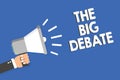 Text sign showing The Big Debate. Conceptual photo Lecture Speech Congress presentation Arguments Differences Man holding megaphon