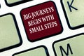 Text sign showing Big Journeys Begin With Small Steps. Conceptual photo Start up a new business venture