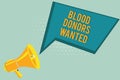 Text sign showing Blood Donors Wanted. Conceptual photo Looking for someone willing to donate their blood