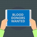 Text sign showing Blood Donors Wanted. Conceptual photo Looking for someone willing to donate their blood