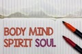 Text sign showing Body Mind Spirit Soul. Conceptual photo Personal Balance Therapy Conciousness state of mind White torn page writ Royalty Free Stock Photo