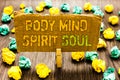 Text sign showing Body Mind Spirit Soul. Conceptual photo Personal Balance Therapy Conciousness state of mind Paperclip grip cardb Royalty Free Stock Photo