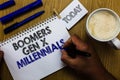 Text sign showing Boomers Gen X Millennials. Conceptual photo generally considered to be about thirty years Man holding marker not