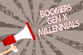 Text sign showing Boomers Gen X Millennials. Conceptual photo generally considered to be about thirty years Man holding megaphone