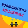 Text sign showing Boomers Gen X Millennials. Conceptual photo generally considered to be about thirty years Two men