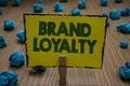 Text sign showing Brand Loyalty. Conceptual photo Repeat Purchase Ambassador Patronage Favorite Trusted Clothespin