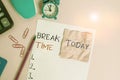 Text sign showing Break Time. Conceptual photo scheduled time when workers stop working for a brief period Calculator Royalty Free Stock Photo