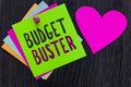 Text sign showing Budget Buster. Conceptual photo Carefree Spending Bargains Unnecessary Purchases Overspending Papers Romantic lo
