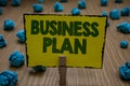 Text sign showing Business Plan. Conceptual photo Structural Strategy Goals and Objectives Financial Projections Clothespin holdin