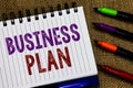 Text sign showing Business Plan. Conceptual photo Structural Strategy Goals and Objectives Financial Projections Open spiral noteb