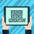 Text sign showing Business Revenue Generation. Conceptual photo markets and sells a product to produce income Hu