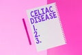 Writing displaying text Celiac Disease. Conceptual photo Small intestine is hypersensitive to gluten Digestion problem Royalty Free Stock Photo