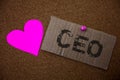 Text sign showing Ceo. Conceptual photo Chief Executive Officer Head Boss Chairperson Chairman Controller Old damaged paperboard i