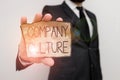 Text sign showing Company Culture. Conceptual photo pervasive values and attitudes that characterize a company Male human wear