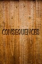 Text sign showing Consequences. Conceptual photo Result Outcome Output Upshot Difficulty Ramification Conclusion Ideas messages wo