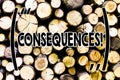 Text sign showing Consequences. Conceptual photo Result Outcome Output Upshot Difficulty Ramification Conclusion Wooden