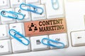 Text sign showing Content Marketing. Concept meaning involves creation and sharing of online material Upgrading And