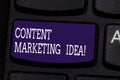 Text sign showing Content Marketing Idea. Conceptual photo focused on creating and distributing valuable content