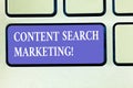 Text sign showing Content Search Marketing. Conceptual photo promoting websites by increasing visibility search Keyboard key