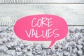Text sign showing Core Values. Business idea belief person or organization views as being importance