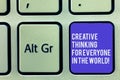 Text sign showing Creative Thinking For Everyone In The World. Conceptual photo Spread creativity to others Keyboard key