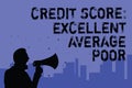 Text sign showing Credit Score Excellent Average Poor. Conceptual photo Level of creditworthness Rating Report Man holding megapho Royalty Free Stock Photo
