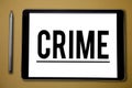 Text sign showing Crime. Conceptual photo Federal Offense actions Illegal Activities punishable by Law Royalty Free Stock Photo