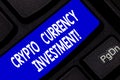 Text sign showing Crypto Currency Investment. Conceptual photo will become a longterm trusted store of value Keyboard