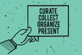 Text sign showing Curate Collect Organize Present. Conceptual photo Pulling out Organization Curation Presenting Man hand holding Royalty Free Stock Photo