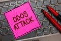 Text sign showing Ddos Attack. Conceptual photo perpetrator seeks to make network resource unavailable Pink paper keyboard Inspira