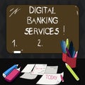 Text sign showing Digital Banking Services. Conceptual photo Digitization of all the outmoded banking activities Mounted