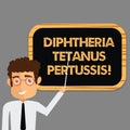 Text sign showing Diphtheria Tetanus Pertussis. Conceptual photo vaccines against three infectious diseases Man Standing