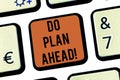 Text sign showing Do Plan Ahead. Conceptual photo Planning steps for obtaining success planning schedule Keyboard key Royalty Free Stock Photo