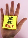 Text sign showing Do'S And Don'Ts. Conceptual photo What can be done and what cannot be knowing right wrong written on Yellow St