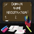 Text sign showing Domain Name Registration. Conceptual photo process of reserving a name on the Internet Mounted Blank