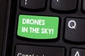 Text sign showing Drones In The Sky. Conceptual photo Aerial helicopter modern device taking pictures and video Keyboard