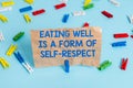 Text sign showing Eating Well Is A Form Of Self Respect. Conceptual photo a quote of promoting healthy lifestyle Colored