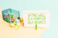 Text sign showing Eating Well Is A Form Of Self Respect. Conceptual photo a quote of promoting healthy lifestyle Trash